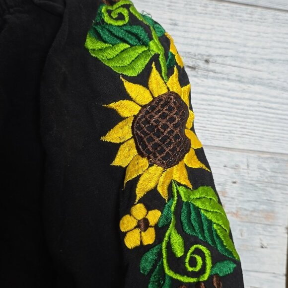 Vintage Black Sunflower Embroidered Off The Shoulder 3/4 Sleeve Crop Top - Picture 4 of 6